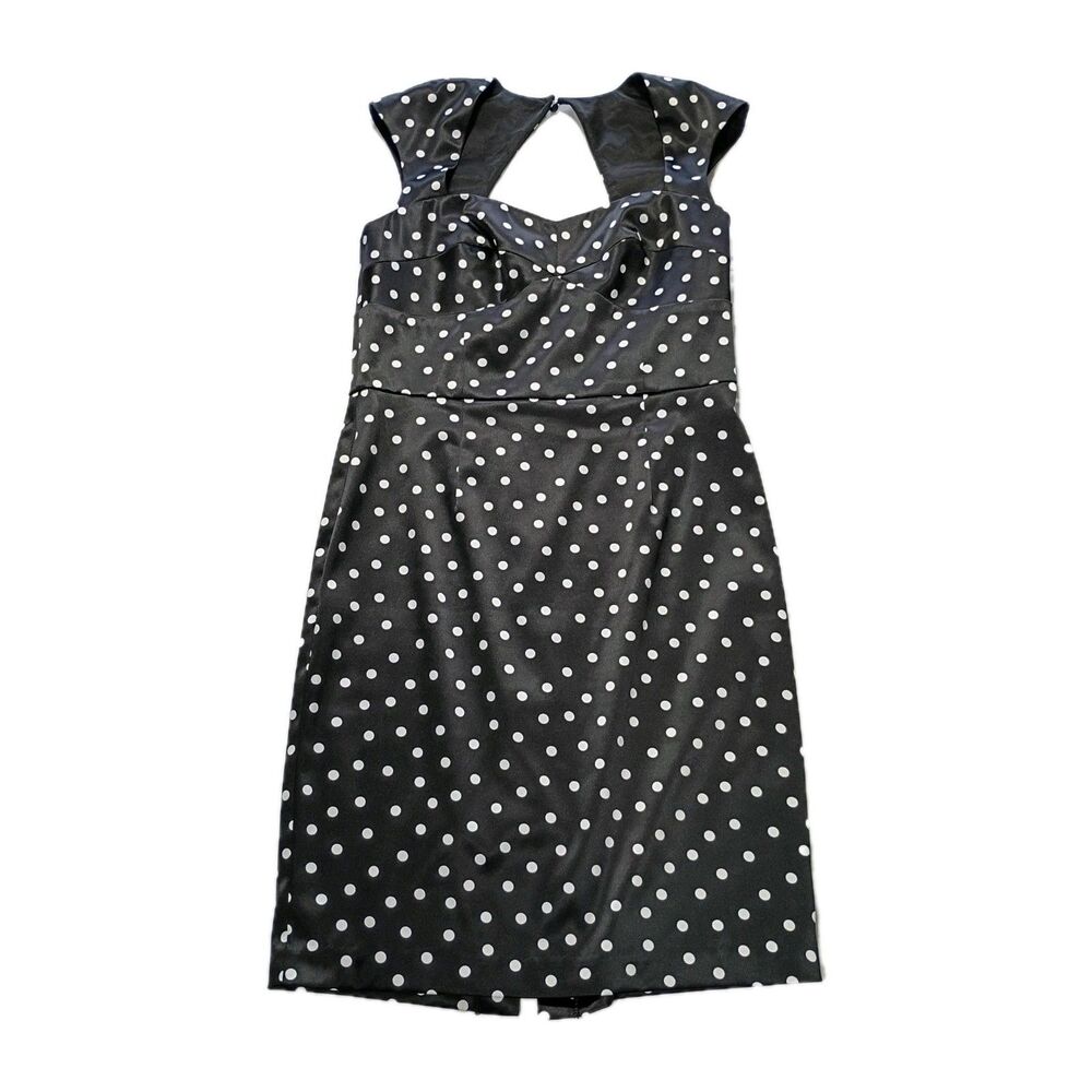 WHBM Satiny Polka Dot Dress 10 Black White Pinup Bodycon Knee Length Classic